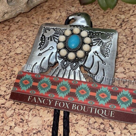 Unique Thunderbird T-Bird White Blue Turquoise Concho Lariat Bolo Tie Wedding - Picture 9 of 16